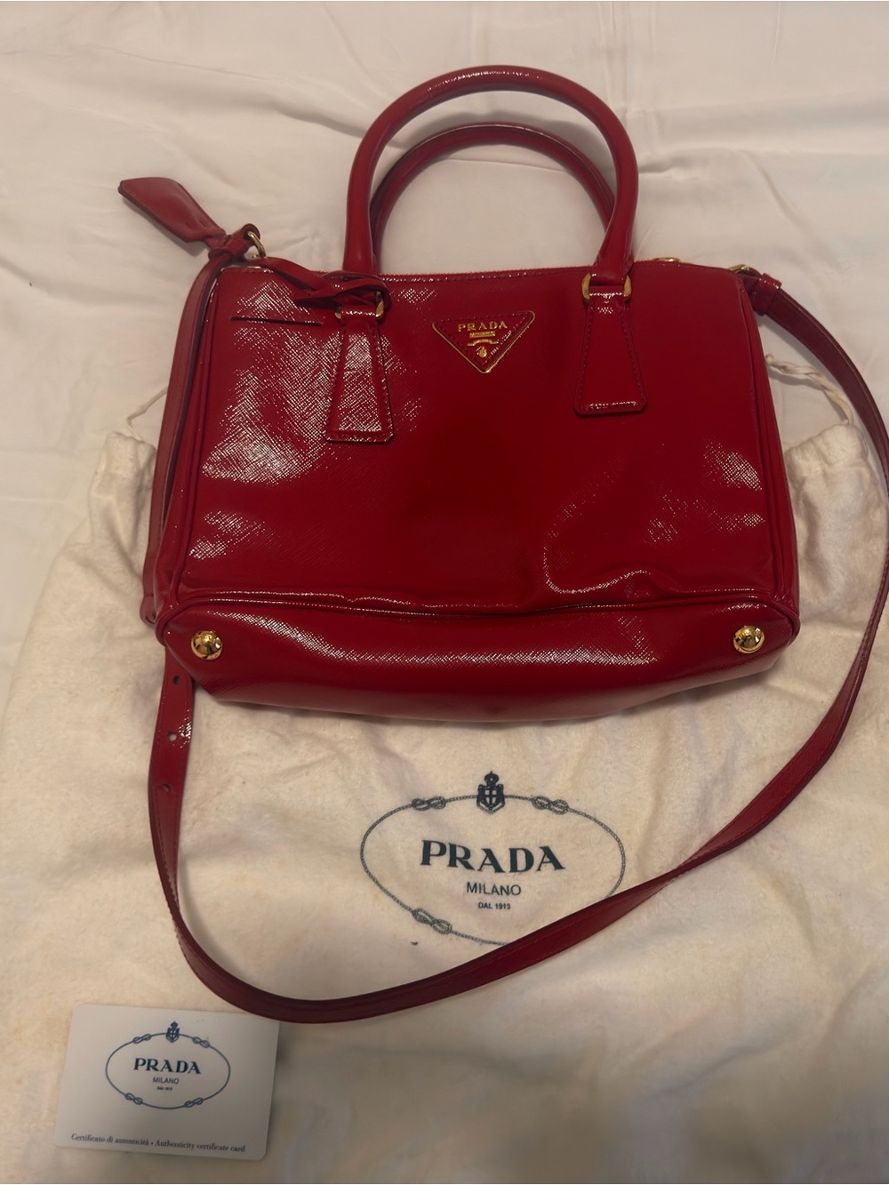 BRAND NEW Prada Red Patent Saffiano Small Satchel with Shoulder Strap.